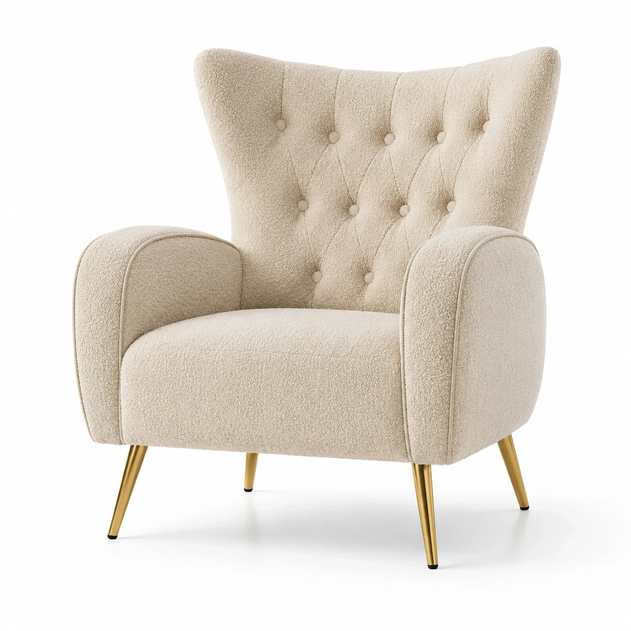Poltrona imbottita in tessuto bouclé beige con schienale capitonné e gambe dorate, 78 × 76 × 95 cm