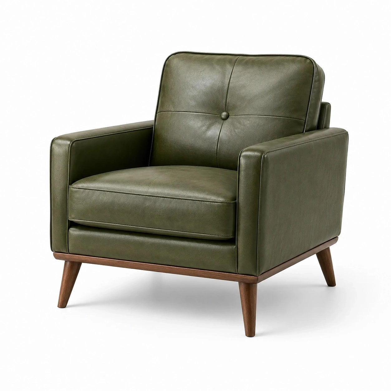 Poltrona rétro verde oliva effetto pelle con gambe in legno marrone, 78 × 82 × 84 cm
