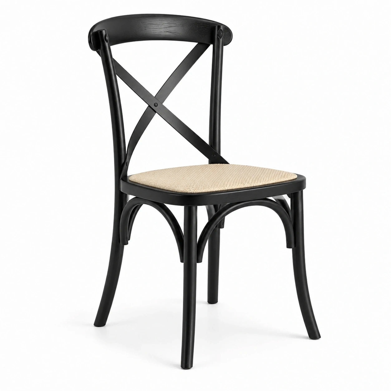 Sedia da pranzo in legno nero con seduta intrecciata beige e schienale a croce, 50 × 52 × 88 cm
