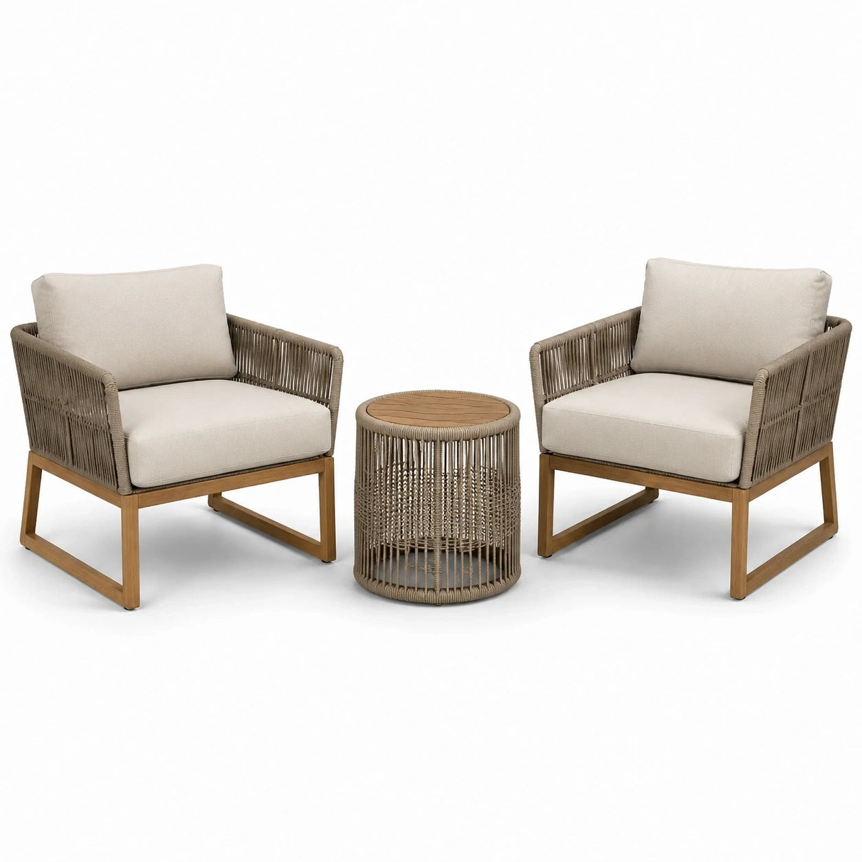 Set da giardino 3 pezzi con 2 poltrone 76×78×79 cm e tavolino rotondo Ø 50×52 cm, beige, tortora e marrone