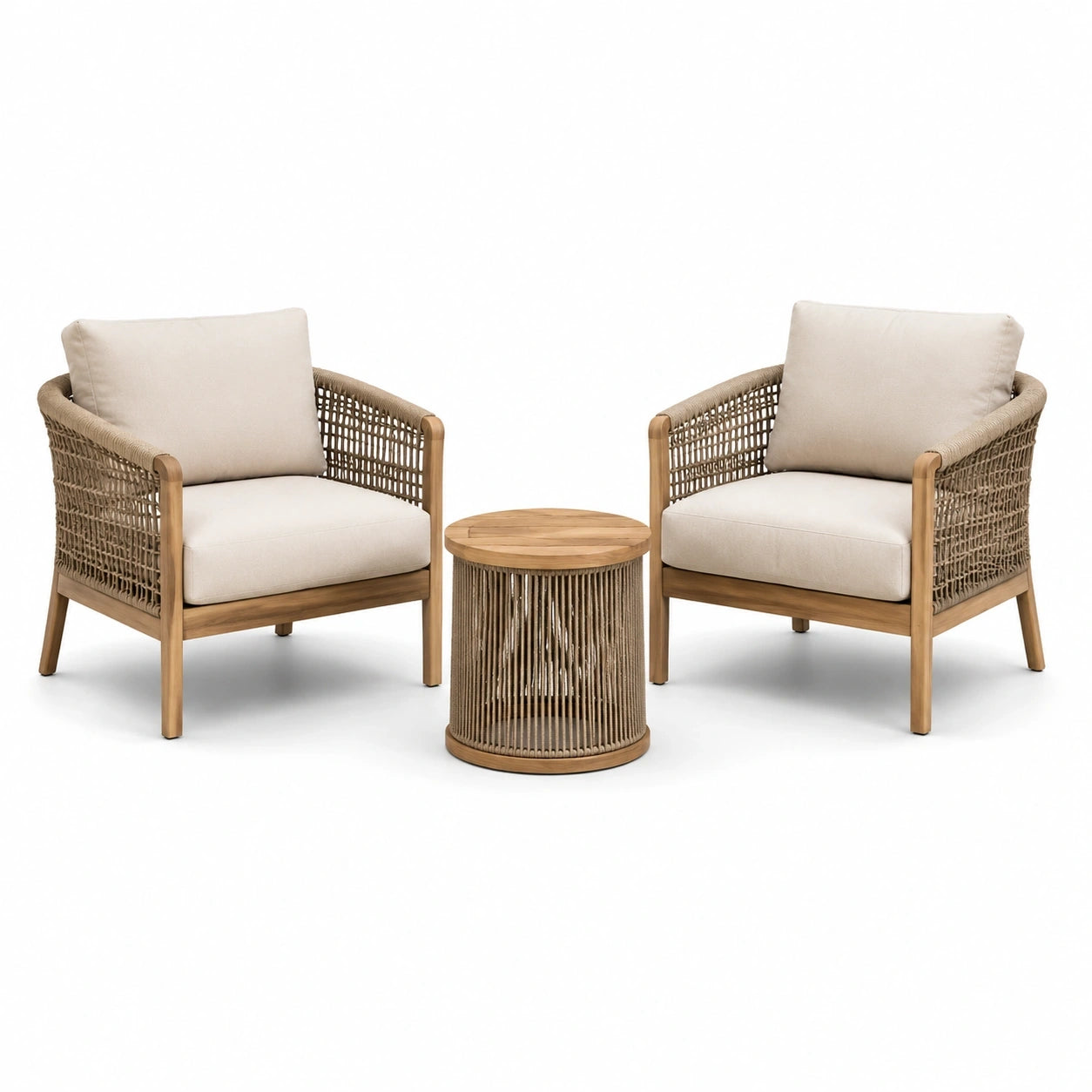 Set da giardino beige e marrone chiaro, 2 poltrone da 72 × 76 × 80 cm e tavolino rotondo Ø 50 × 48 cm