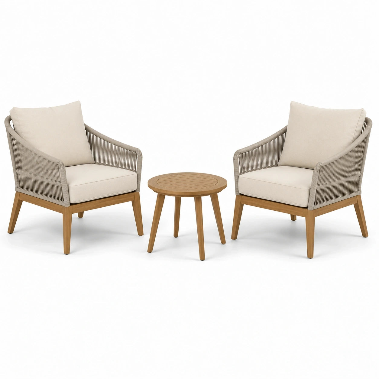 Set da giardino moderno da 3 pezzi con 2 poltrone 72 × 78 × 82 cm e tavolino rotondo Ø 55 × 45 cm, beige, tortora e marrone naturale