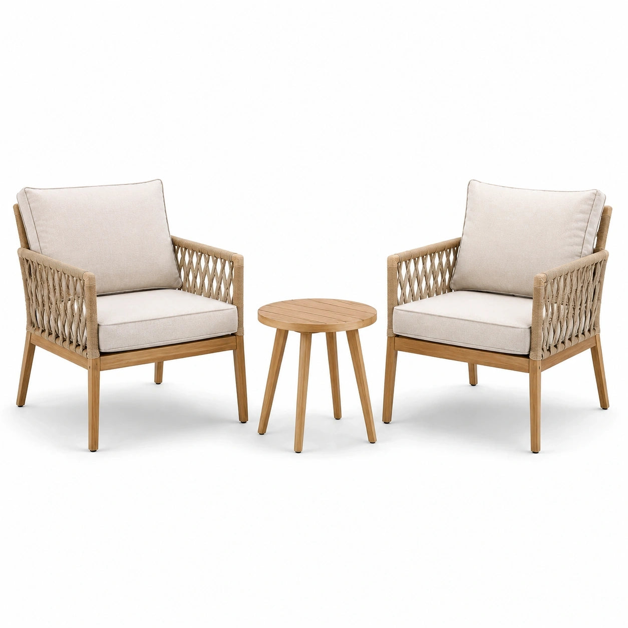 Set da giardino 3 pezzi con 2 poltrone 72 × 76 × 82 cm e tavolino Ø 50 × 45 cm, beige e marrone naturale
