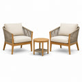 Set da giardino 3 pezzi con 2 poltrone 74×78×82 cm e tavolino Ø50×50 cm in legno e corda beige