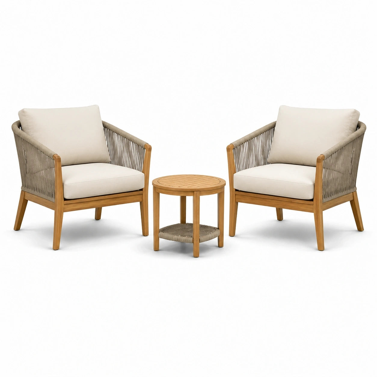 Set da giardino 3 pezzi con 2 poltrone 74×78×82 cm e tavolino Ø50×50 cm in legno e corda beige
