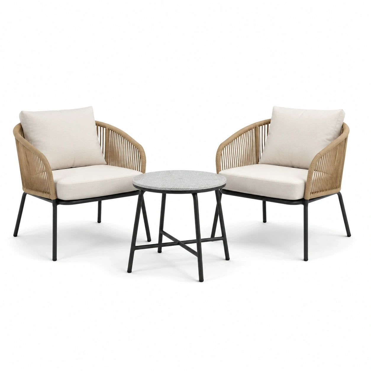 Set da giardino moderno 3 pezzi con 2 poltrone 71 × 72 × 79 cm e tavolino rotondo Ø 60 × 45 cm, beige, crema, grigio e nero
