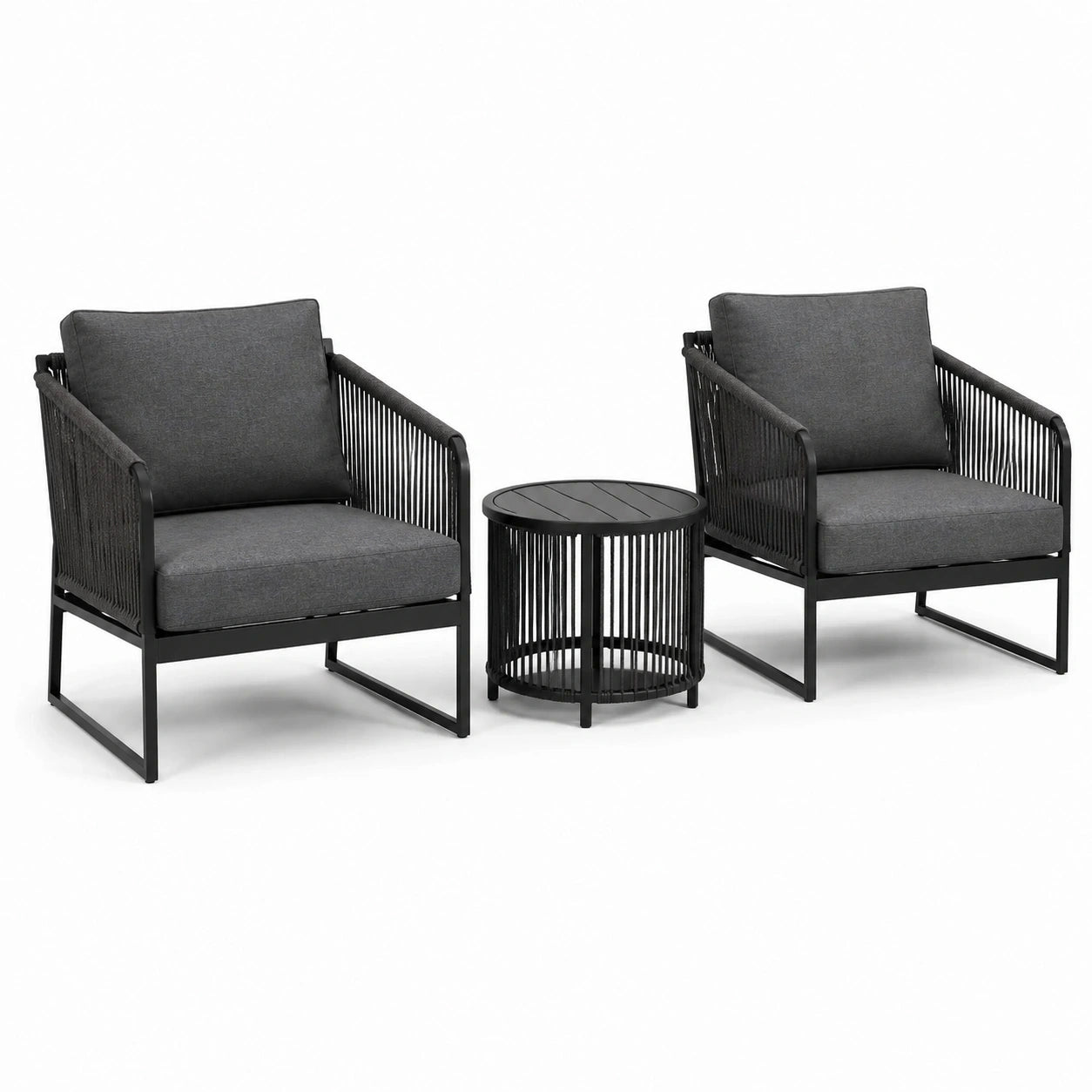 Set da giardino 3 pezzi nero e grigio antracite, 2 poltrone da 77 × 76 × 79 cm e tavolino Ø 50 × 50 cm