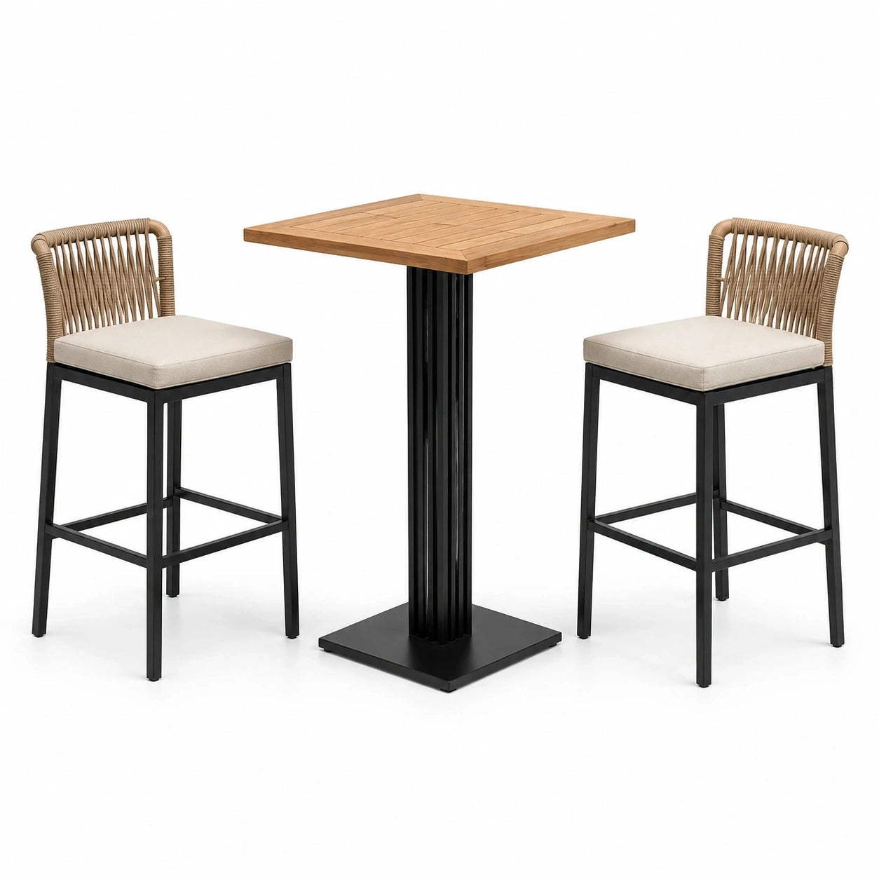 Set da bar da esterno 3 pezzi con tavolo 70 x 70 x 105 cm e 2 sgabelli 48 x 50 x 103 cm, nero, marrone naturale e beige