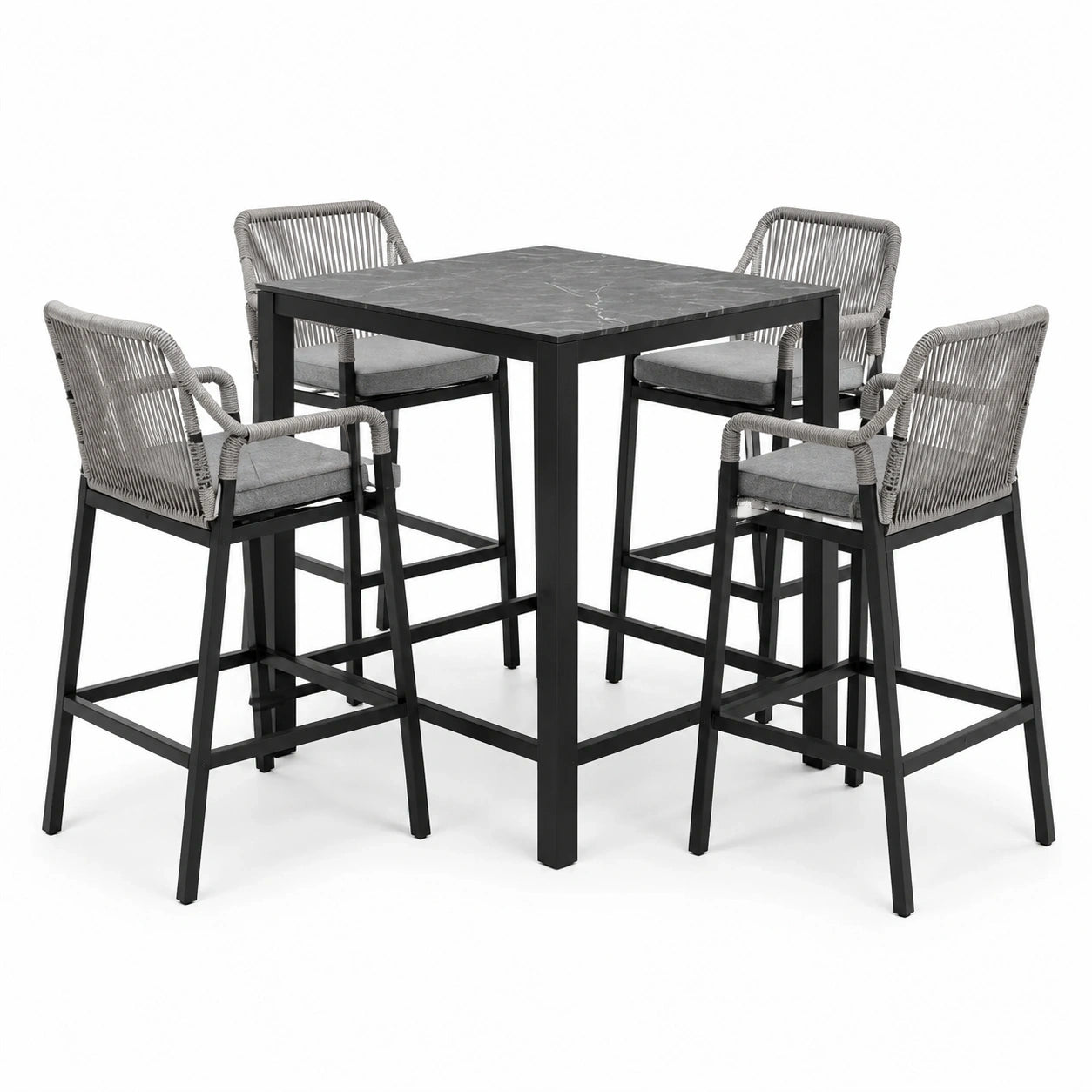 Set da pranzo da esterno 5 pezzi con tavolo 90×90×105 cm e 4 sedie 58×60×108 cm, nero e grigio, piano effetto marmo