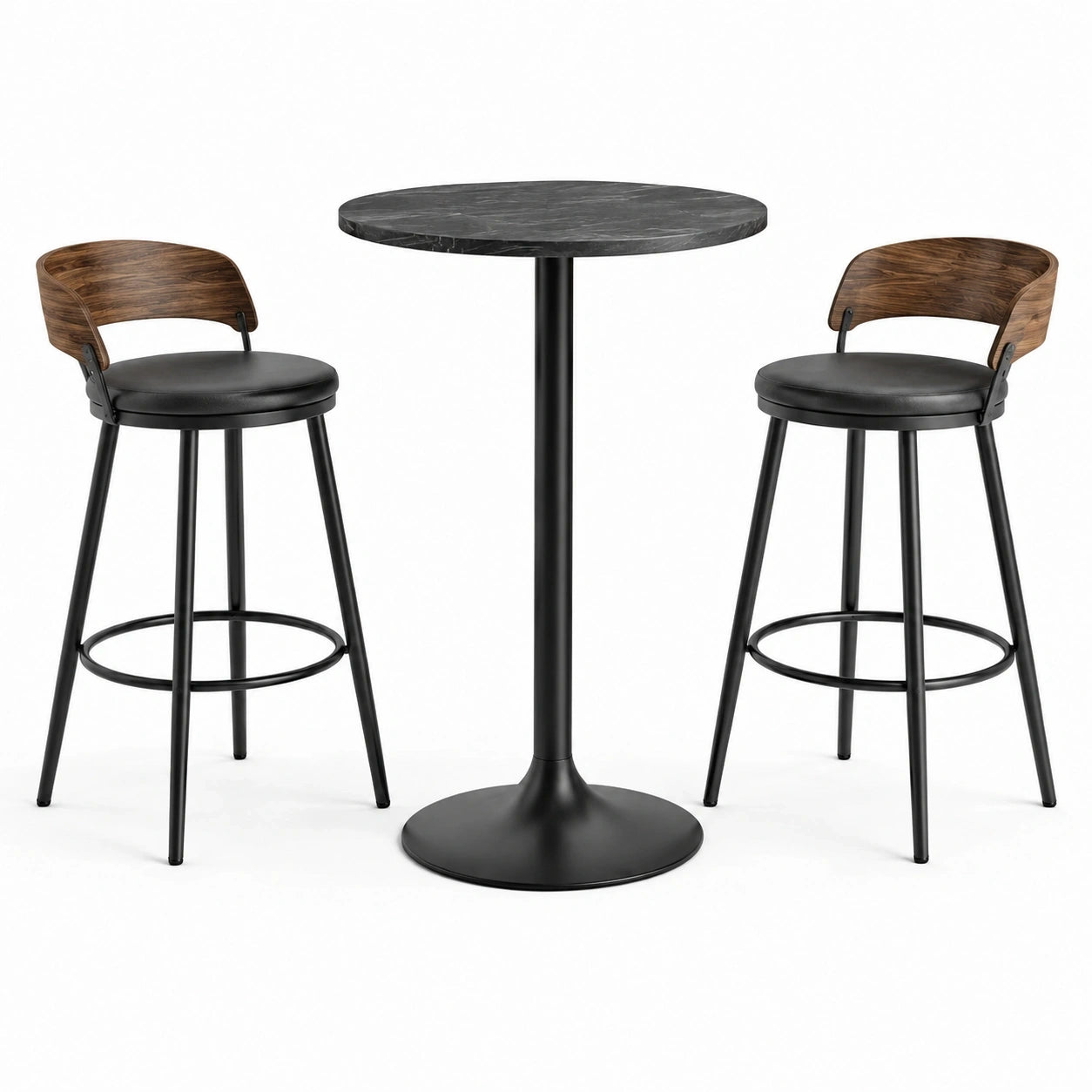 Set da bar 3 pezzi nero e marrone con tavolo rotondo Ø 70 × 100 cm e 2 sgabelli 52 × 49 × 92 cm