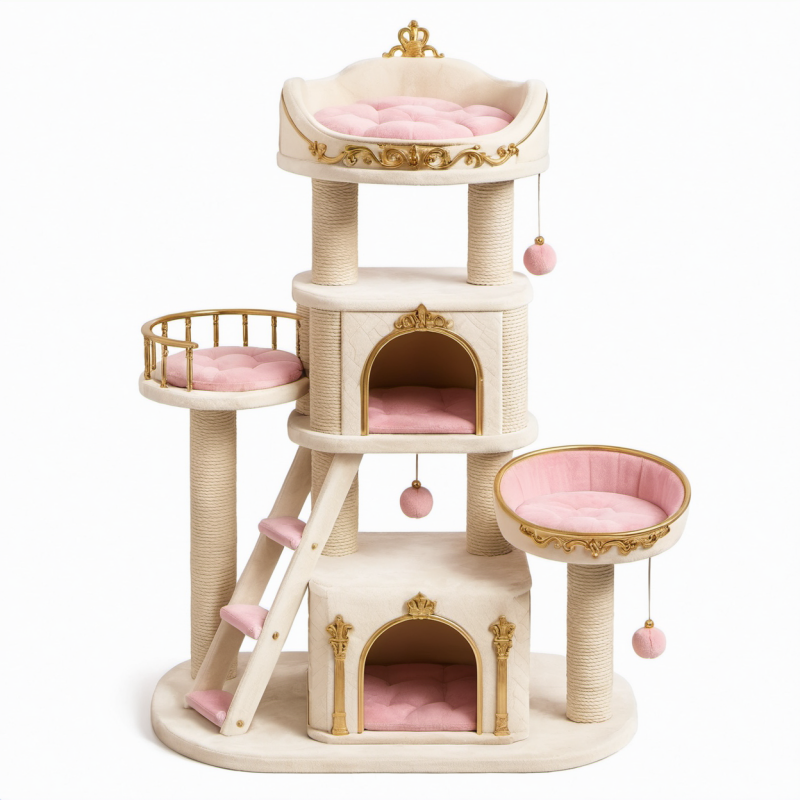 Tiragraffi multilivello per gatti 100 × 60 × 165 cm in sisal e peluche Beige, Rosa e Oro con cucce
