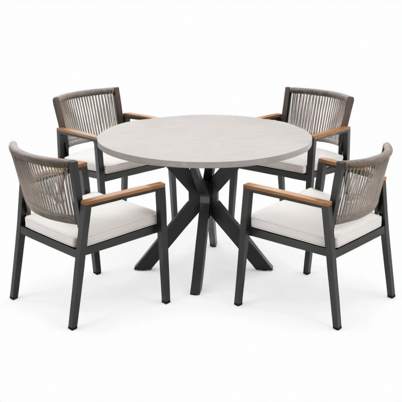 Set moderno da esterno da 5 pezzi con tavolo rotondo 120 × 75 cm e 4 poltroncine 60 × 62 × 82 cm, antracite, grigio chiaro e marrone