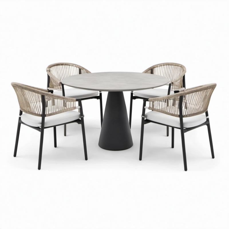 Completo da pranzo da giardino 5 pezzi con tavolo rotondo Ø 120 × 75 cm e 4 sedie 61 × 63 × 81 cm, beige, grigio, nero e bianco