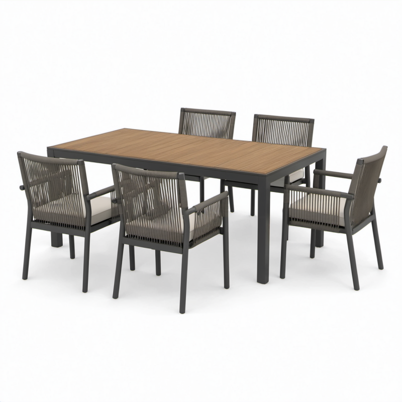 Set da pranzo da giardino con tavolo 160 × 90 × 75 cm e 6 sedie 58 × 60 × 85 cm, grigio antracite, marrone e beige