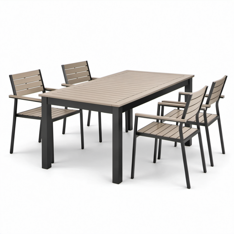 Completo da pranzo per esterni in 5 pezzi, tavolo 150 × 90 × 75 cm e 4 sedie, nero e tortora