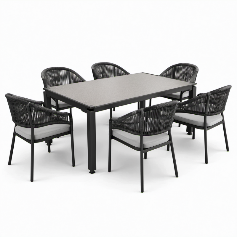 Set da pranzo da giardino 7 pezzi con tavolo 150 × 90 × 75 cm e 6 sedie 58 × 60 × 78 cm, grigio e nero