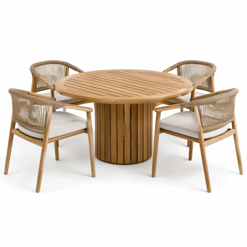 Set da pranzo da giardino in legno naturale con tavolo rotondo Ø 120 × 75 cm e 4 poltroncine 59 × 60 × 79 cm beige e bianche
