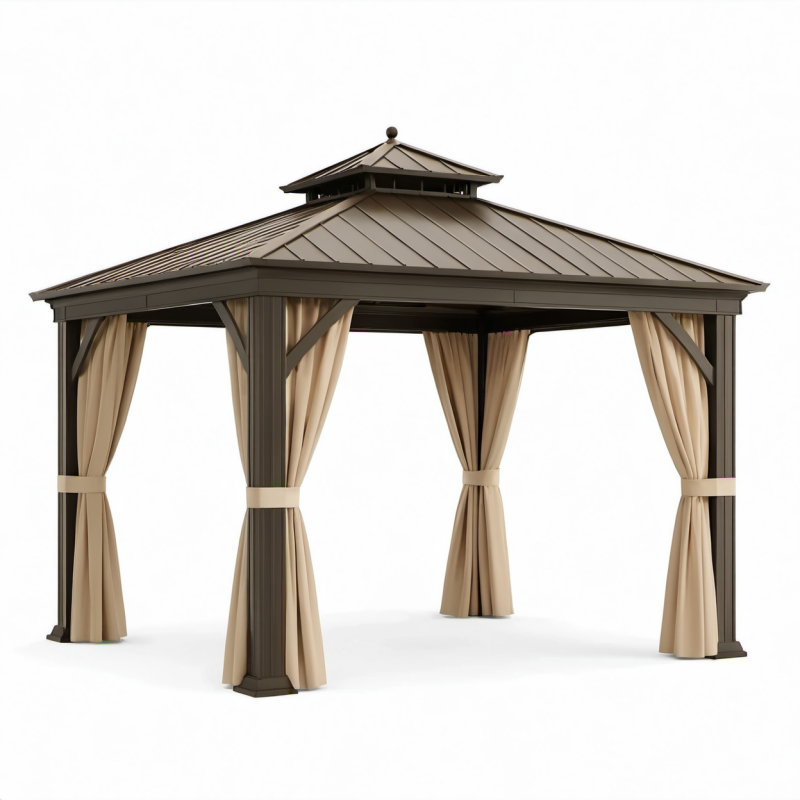 Gazebo da giardino 300 × 300 × 280 cm in metallo marrone scuro con tende beige e tetto rigido ventilato