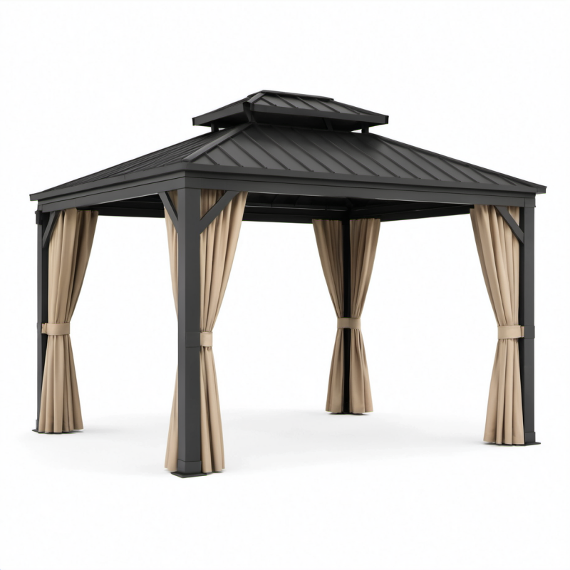 Gazebo da giardino 400 × 300 × 285 cm in metallo antracite con tetto rigido e tende beige