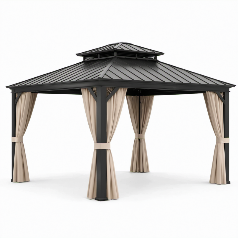 Gazebo da giardino 300 × 300 × 280 cm in metallo antracite con tende beige e tetto rigido ventilato