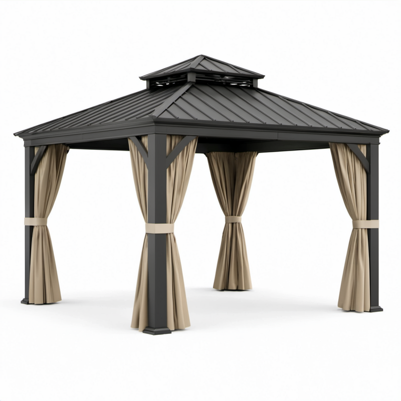 Gazebo da giardino 400 x 300 x 290 cm in metallo antracite con tetto rigido e tende beige