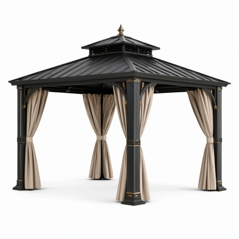 Gazebo da giardino in metallo antracite con tetto rigido e tende beige, 300 × 300 × 290 cm