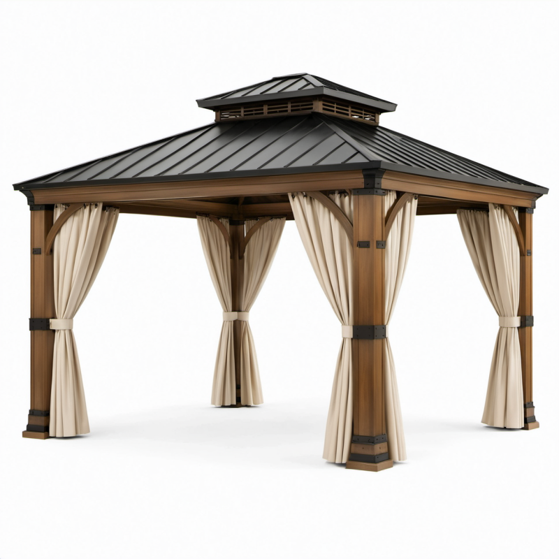 Gazebo da giardino in legno marrone con tetto rigido nero e tende beige, 400 × 300 × 310 cm