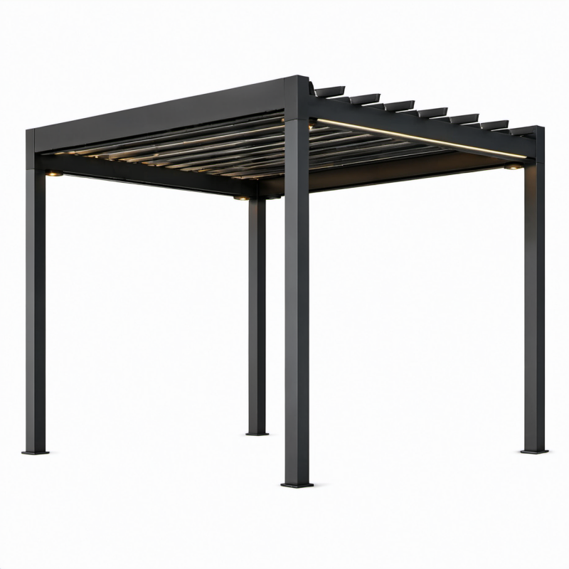 Pergola da giardino in alluminio nero 300 × 300 × 250 cm con lamelle orientabili e illuminazione LED