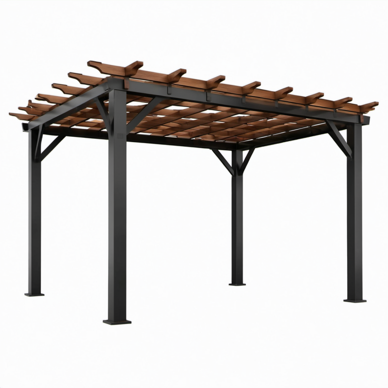 Pergola moderna da giardino in metallo nero e legno marrone, 305 × 305 × 244 cm