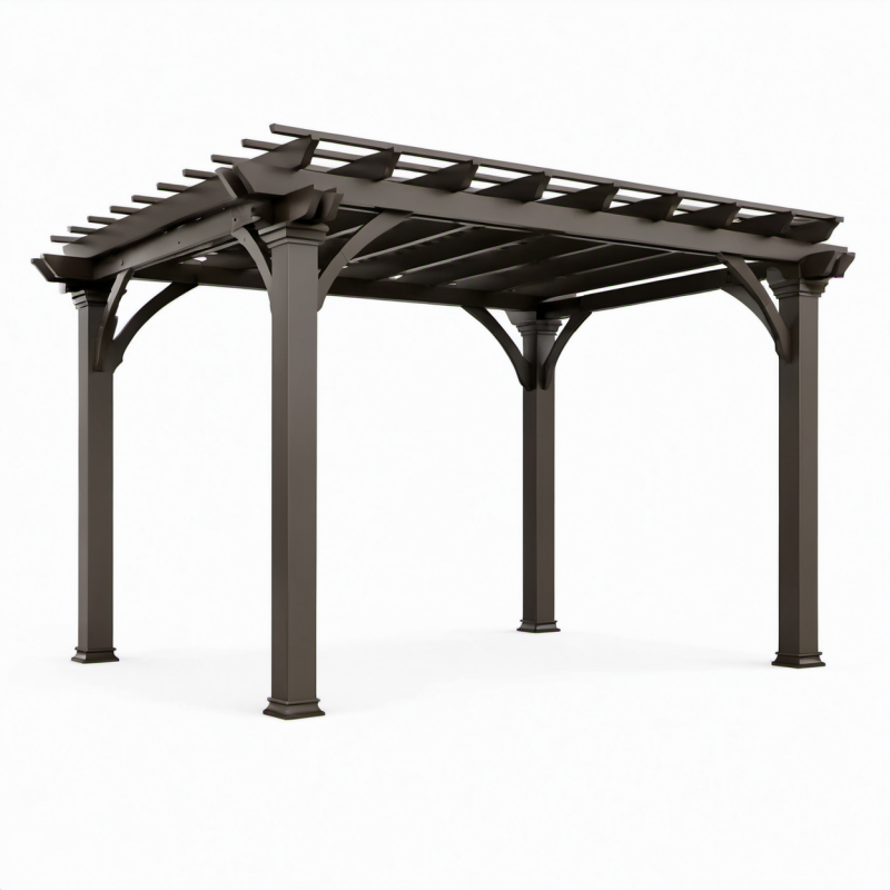 Pergola autoportante da giardino in metallo marrone scuro 305 × 305 × 250 cm con tetto a lamelle aperte