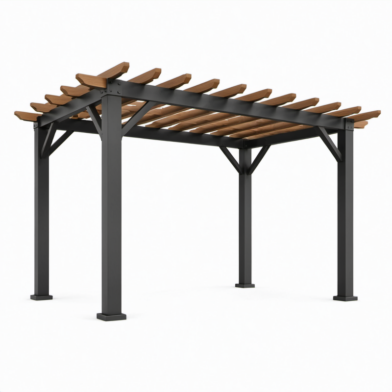 Pergola autoportante 305 × 305 × 244 cm in metallo nero e legno marrone con copertura a lamelle