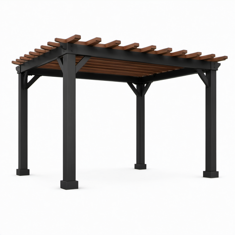 Pergola autoportante da giardino 300 × 300 × 250 cm in metallo nero e legno marrone con copertura a lamelle