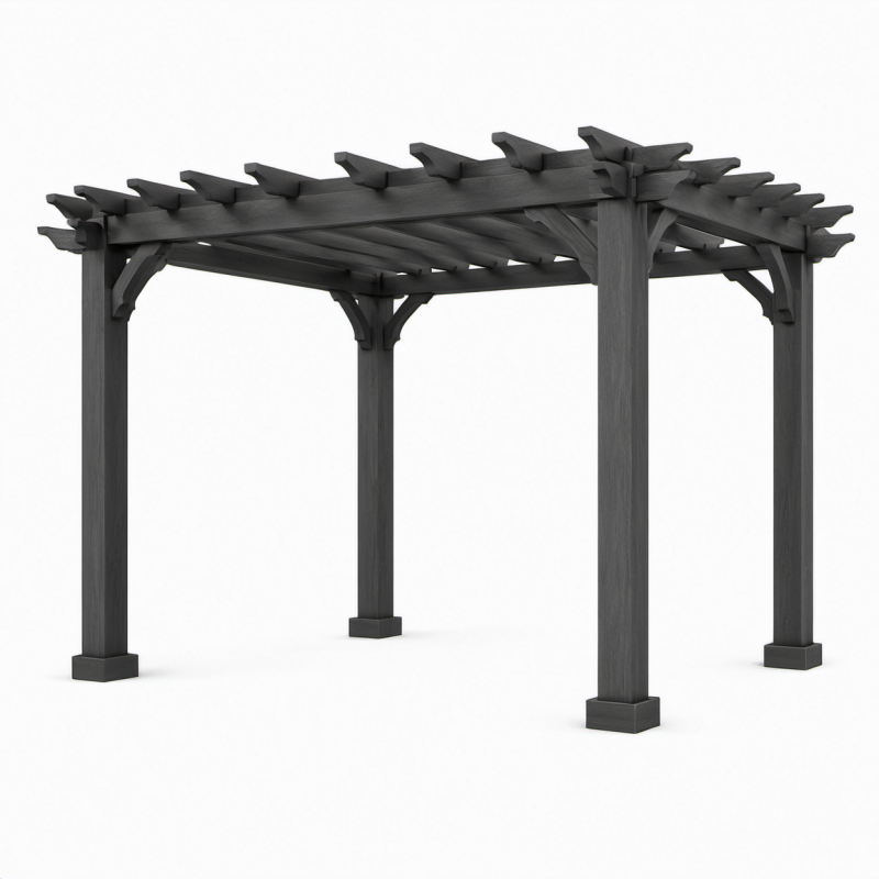Pergola autoportante da giardino in legno grigio antracite, 305 × 305 × 244 cm, tetto aperto a traliccio