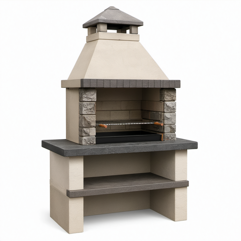 Barbecue da giardino in calcestruzzo beige, grigio e nero 114 x 70 x 220 cm con cappa, griglia regolabile e ripiani