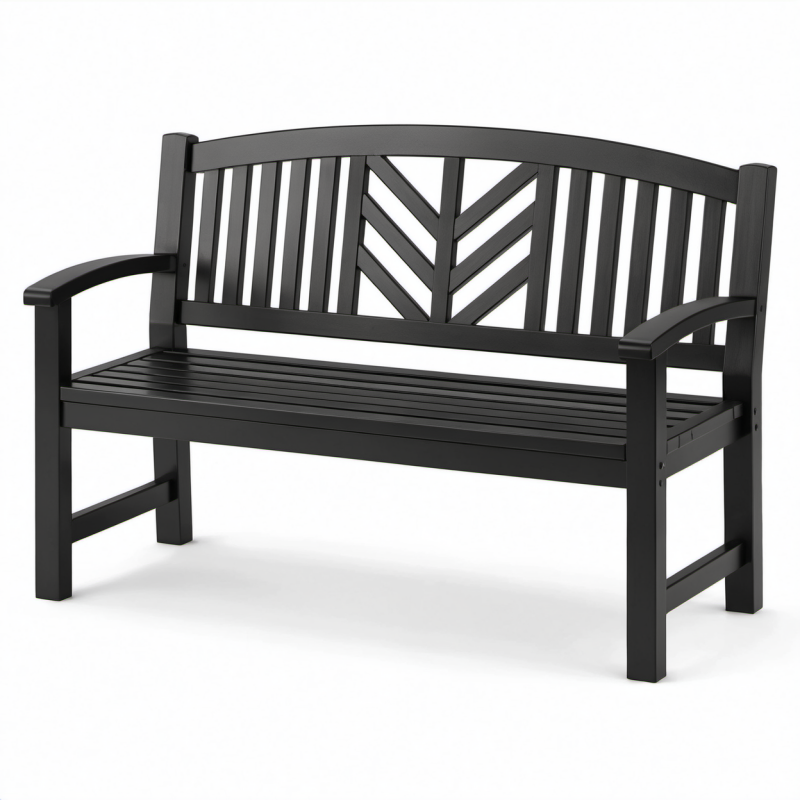Panca da giardino a 2 posti in legno nero con braccioli e schienale decorativo, 120 × 60 × 90 cm