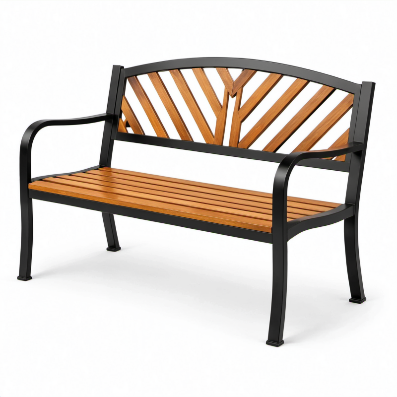 Panchina da giardino a 2 posti in metallo e legno 127 × 60 × 87 cm, Nero/Marrone, con braccioli e schienale decorato