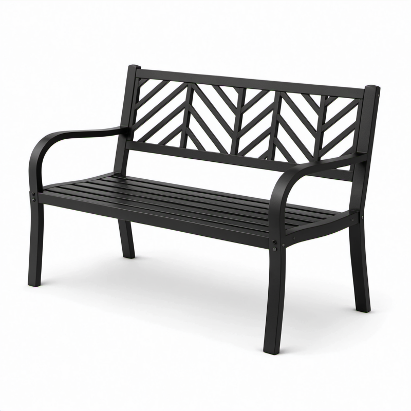 Panca da giardino a 2 posti in metallo nero con schienale geometrico, 127 × 60 × 88 cm