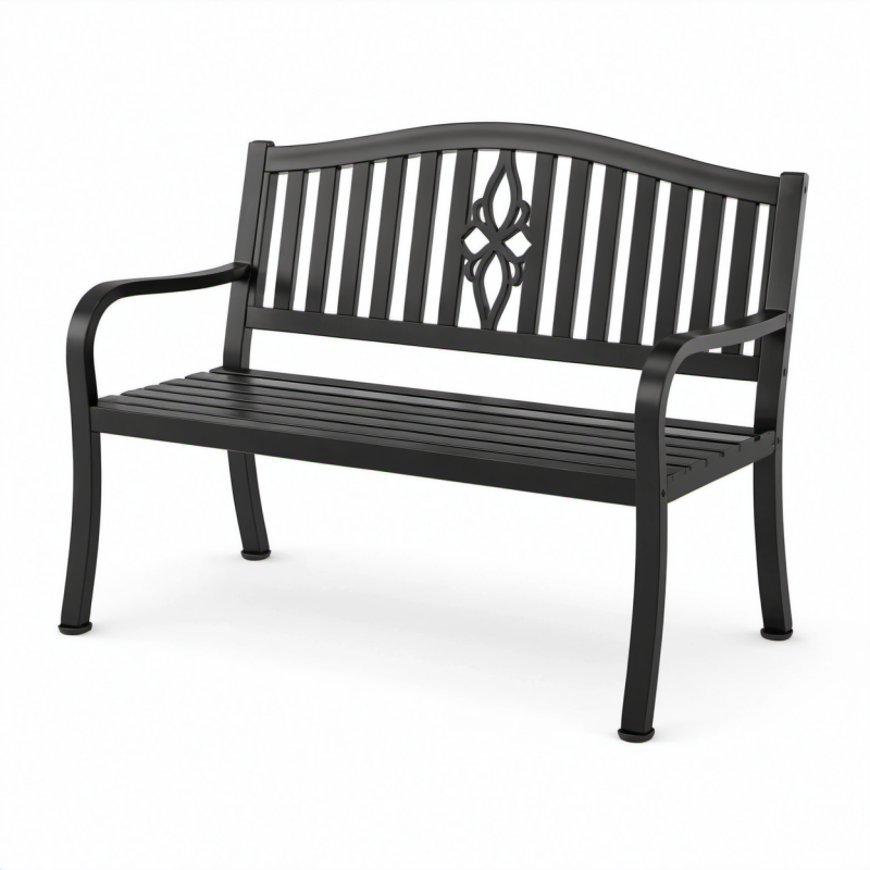 Panca da giardino in metallo nero a 2 posti con schienale decorativo, 127 × 60 × 87 cm