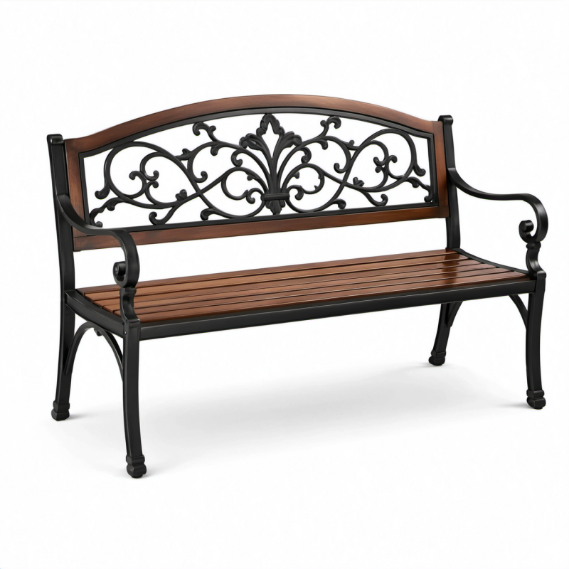 Panca da giardino a 2 posti in metallo e legno, Marrone/Nero, 127 × 60 × 85 cm, con schienale decorativo