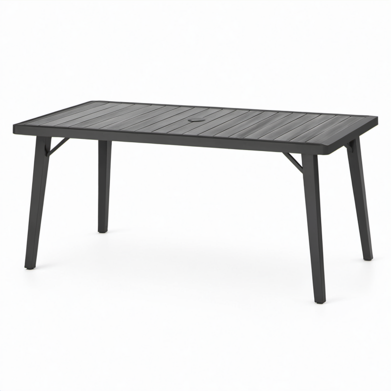 Tavolo rettangolare da esterno in metallo antracite con foro per ombrellone, 150 × 90 × 74 cm