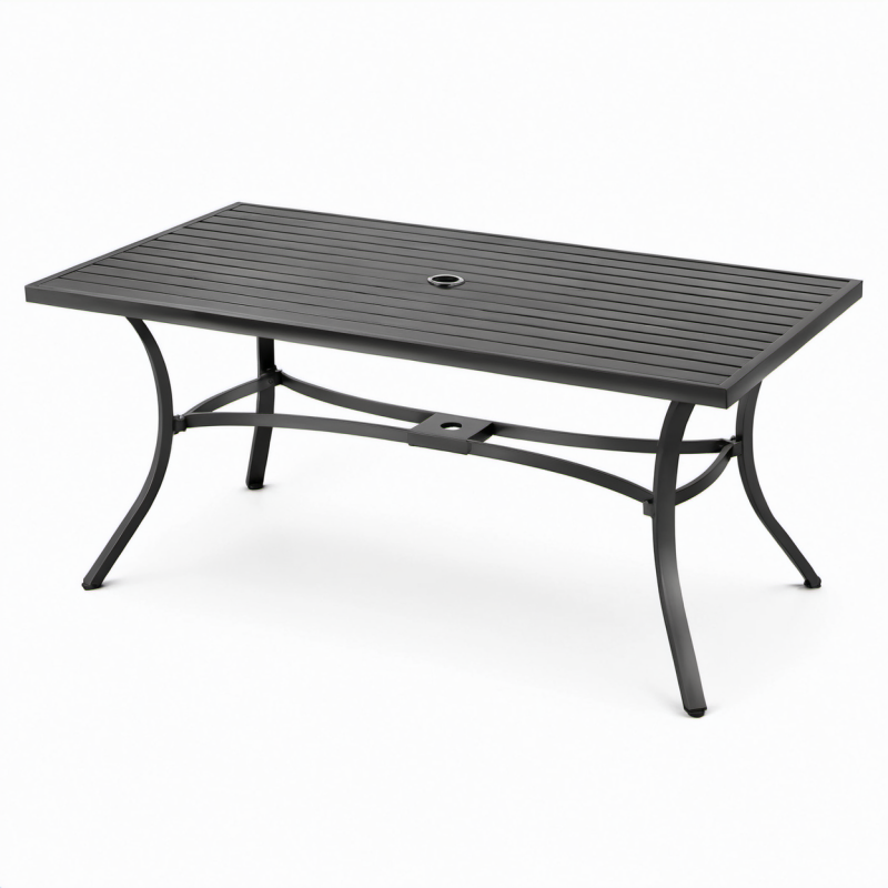 Tavolo da giardino rettangolare nero in metallo con foro per ombrellone, 150 × 90 × 74 cm