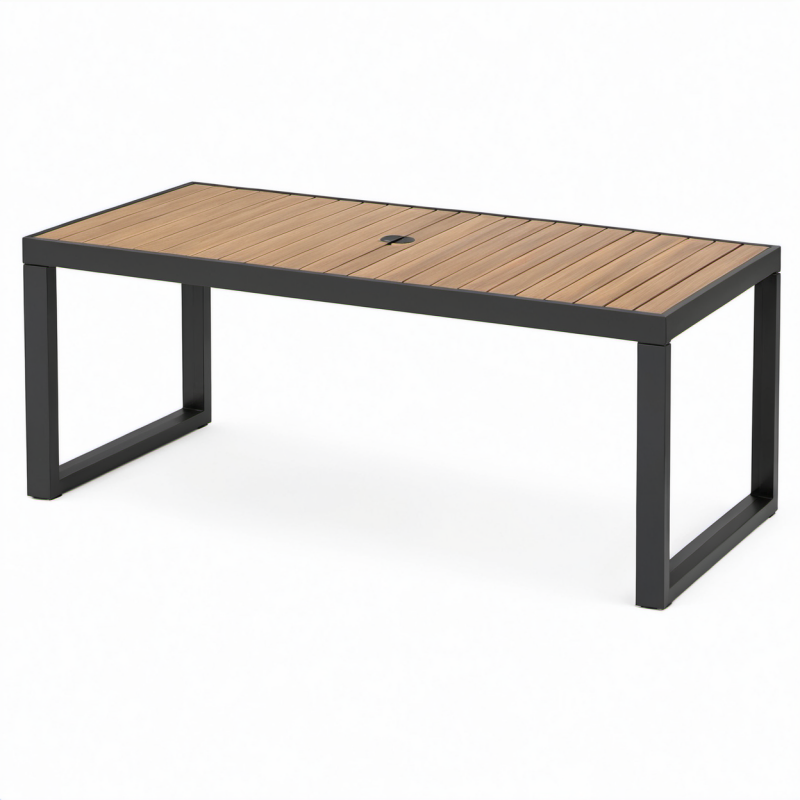 Tavolo da giardino moderno 180 × 90 × 75 cm nero e marrone naturale con piano a doghe e foro per ombrellone