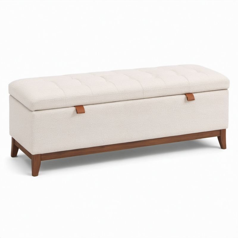 Panca contenitore imbottita 120 × 45 × 48 cm in tessuto bouclé crema con base in legno marrone
