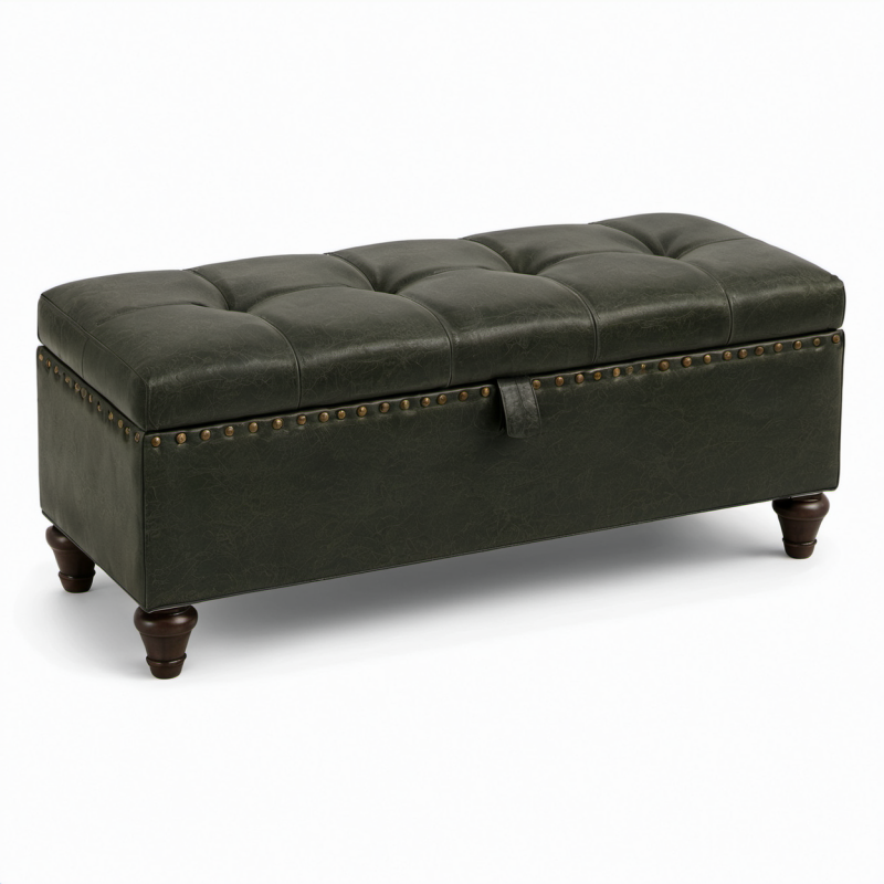 Panca contenitore imbottita in similpelle verde scuro con dettagli marroni e bronzo, 112 × 45 × 48 cm