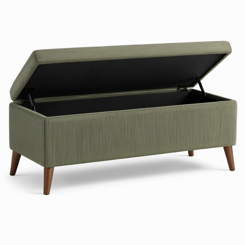 Panca contenitore imbottita in velluto a coste verde oliva con vano portaoggetti, 120 × 45 × 50 cm