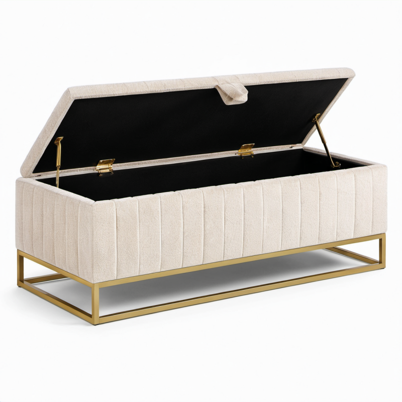 Panca contenitore imbottita in bouclé avorio con base dorata, 120 × 45 × 50 cm