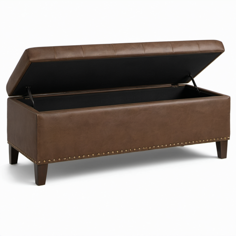 Panca contenitore imbottita in similpelle marrone con borchie, 120 × 40 × 48 cm