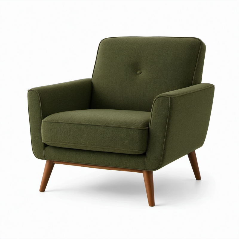 Poltrona rétro in tessuto verde oliva con gambe in legno marrone, 85 × 82 × 84 cm