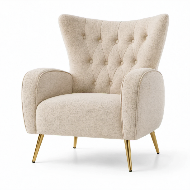 Poltrona imbottita in tessuto bouclé beige con schienale capitonné e gambe dorate, 78 × 76 × 95 cm