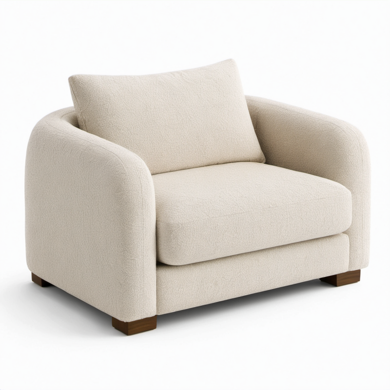 Poltrona imbottita in tessuto bouclé avorio, 120 × 105 × 90 cm, stile contemporaneo